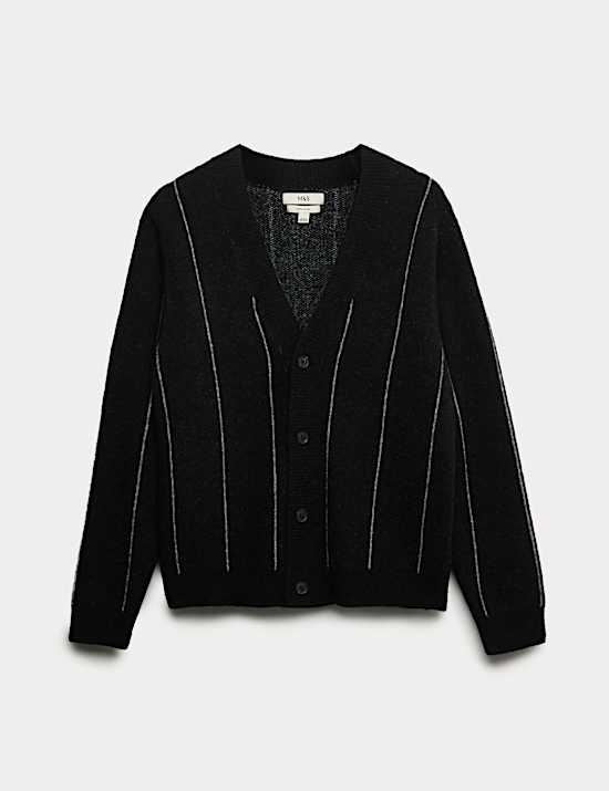 Gestreifte Strickjacke mit V-Ausschnitt und Wollanteil