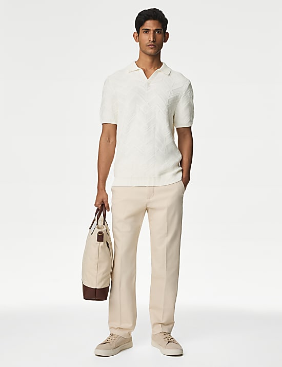 Cotton Rich Open Neck Knitted Polo Shirt