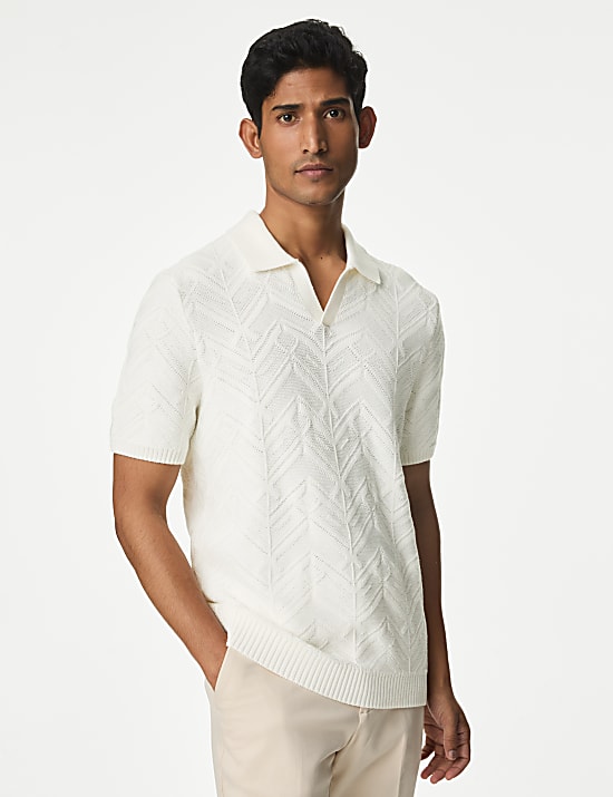 Cotton Rich Open Neck Knitted Polo Shirt