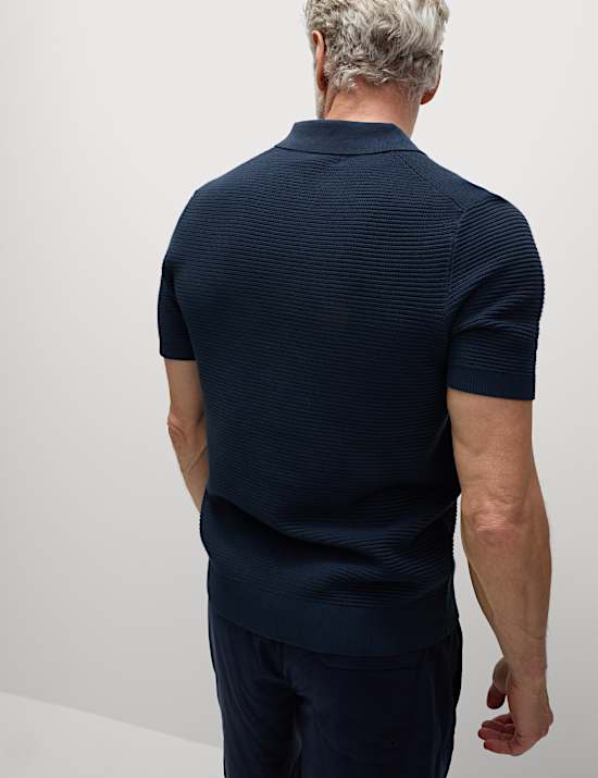 Pure Cotton Open Neck Knitted Polo Shirt