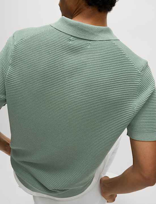 Pure Cotton Open Neck Ribbed Knitted Polo Shirt