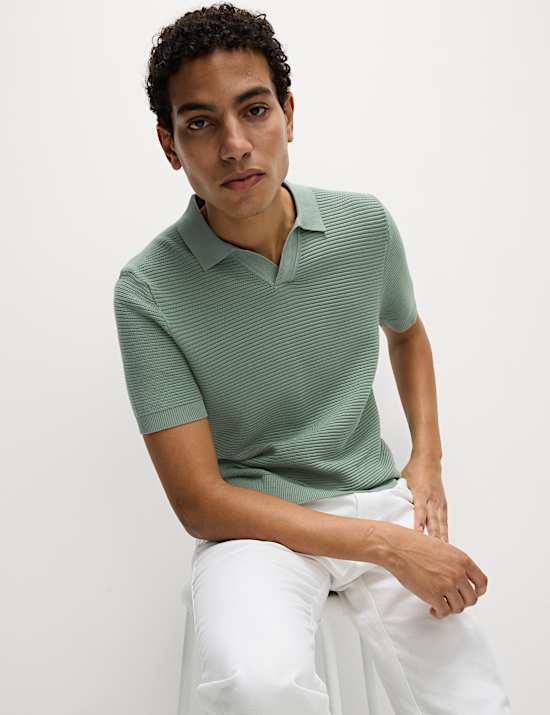 Pure Cotton Open Neck Ribbed Knitted Polo Shirt