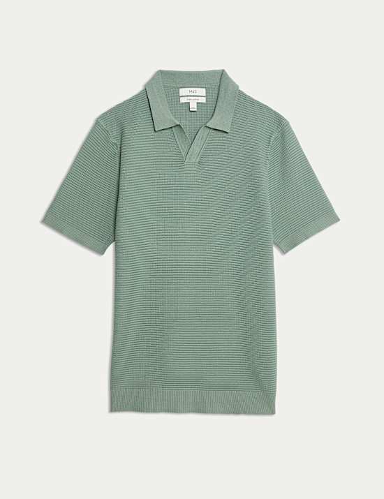Pure Cotton Open Neck Ribbed Knitted Polo Shirt