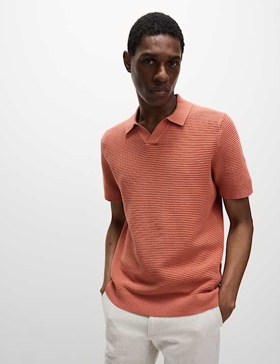 Kemeja Polo Rajut Kerah Bergaris Terbuka Katun Murni