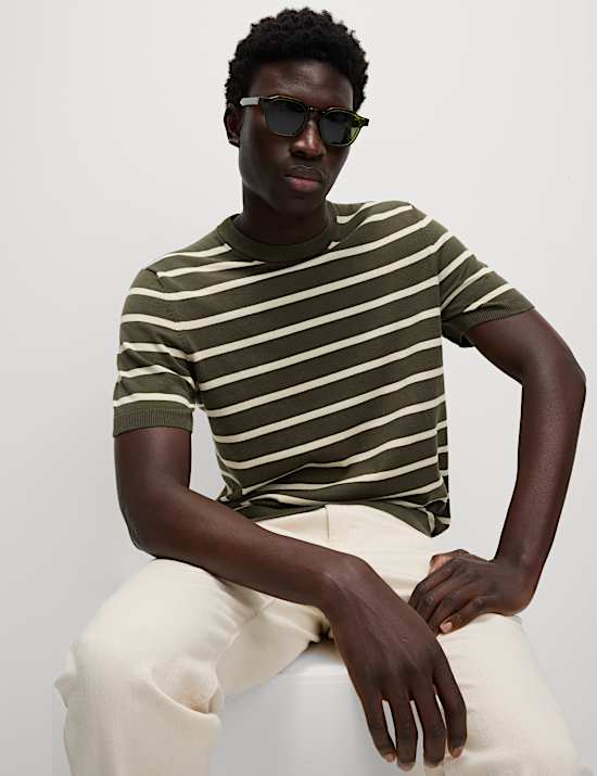 T-shirt en maille de coton &agrave; rayures