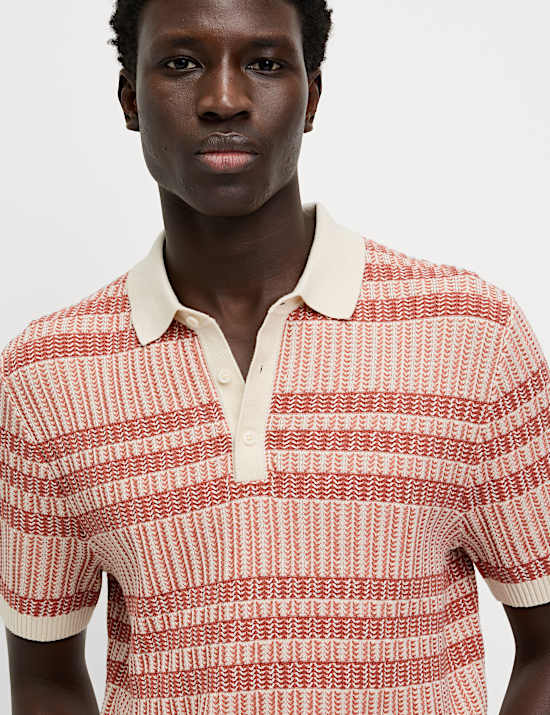 Pure Cotton Striped Knitted Polo Shirt