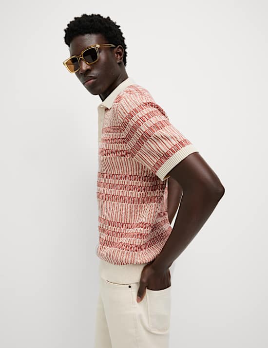 Pure Cotton Striped Knitted Polo Shirt