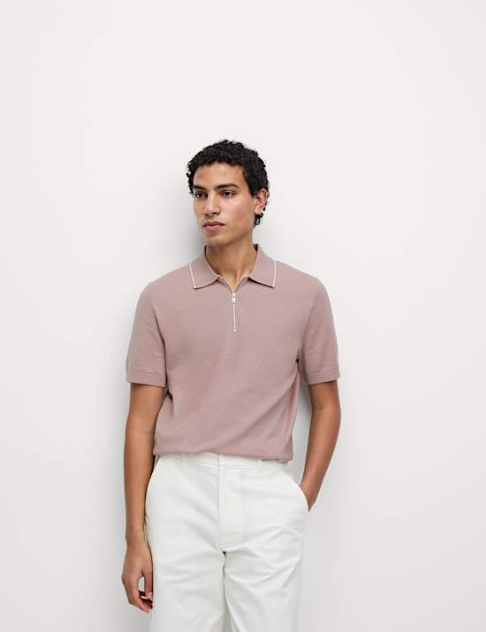 Cotton Rich Half Zip Knitted Polo Shirt
