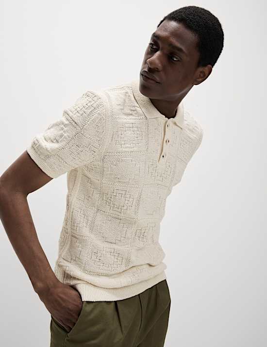 Cotton Blend Crochet Knitted Polo Shirt