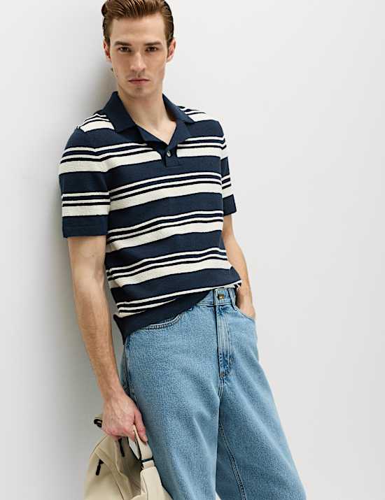 Cotton Rich Bold Striped Boucle Polo Shirt