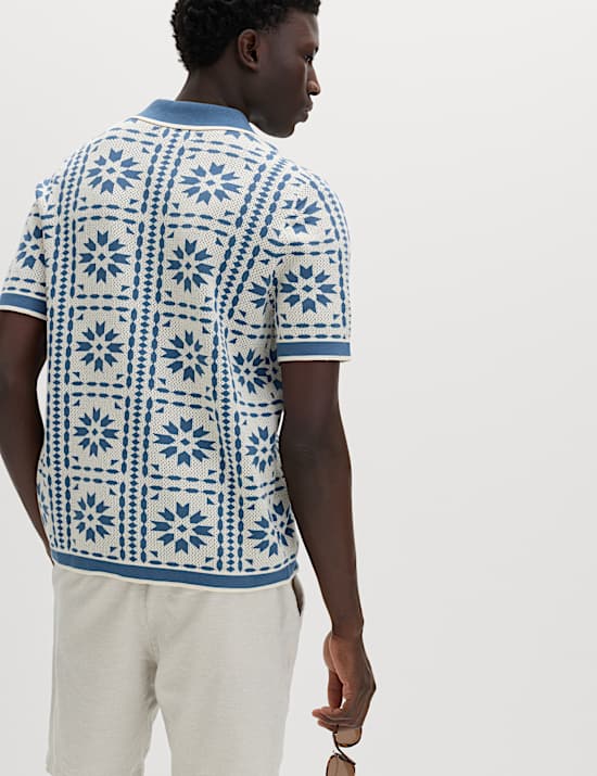 Pure Cotton Mosaic Button-Through Polo Shirt