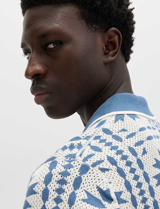 Pure Cotton Mosaic Button-Through Polo Shirt