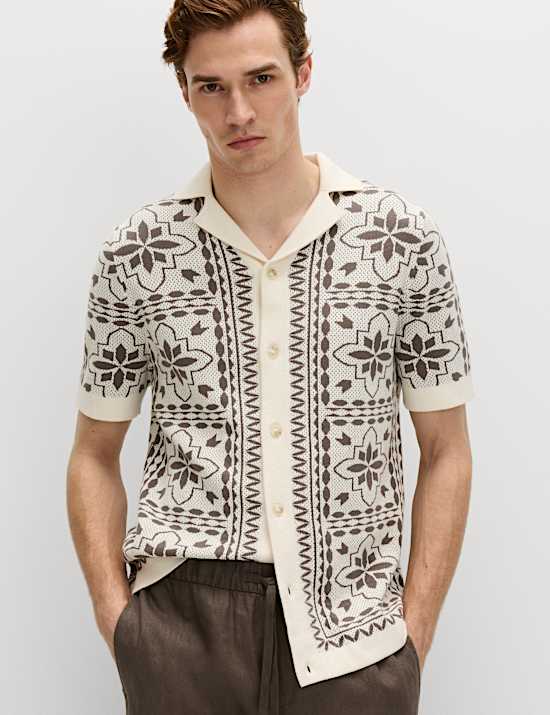 Pure Cotton Mosaic Button-Through Polo Shirt