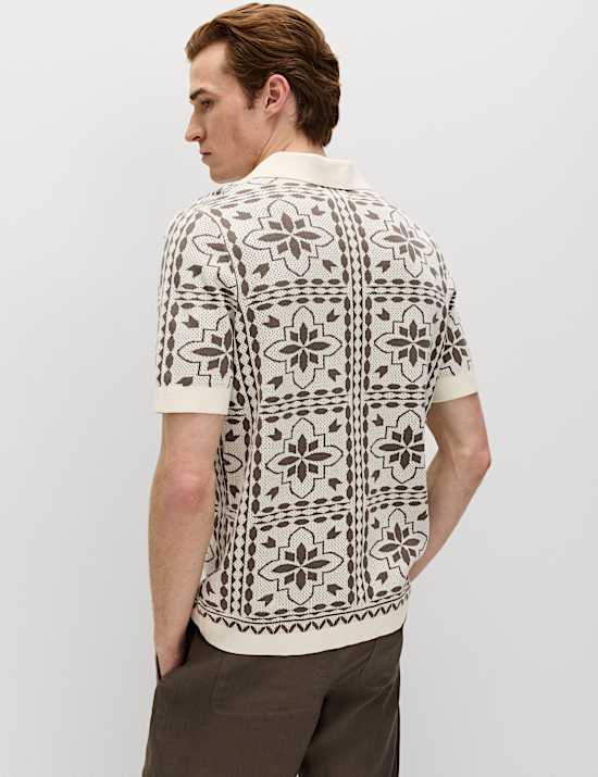 Pure Cotton Mosaic Button-Through Polo Shirt