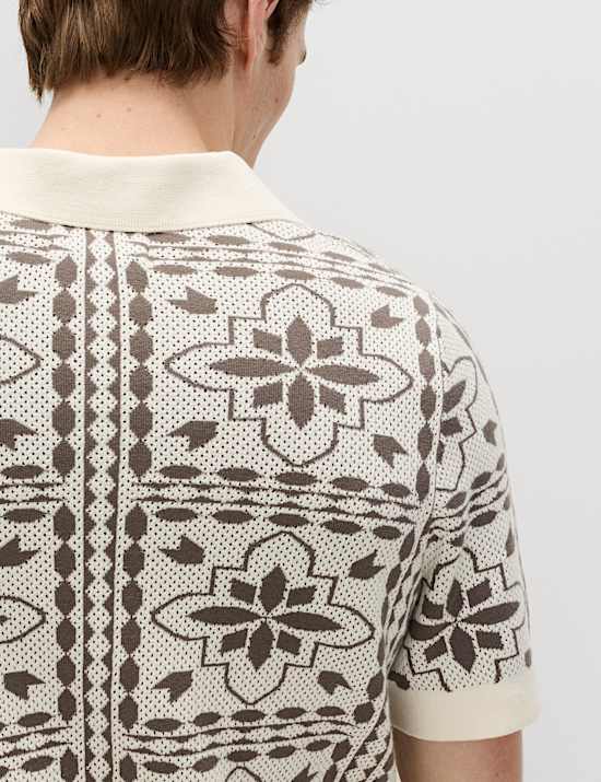 Pure Cotton Mosaic Button-Through Polo Shirt