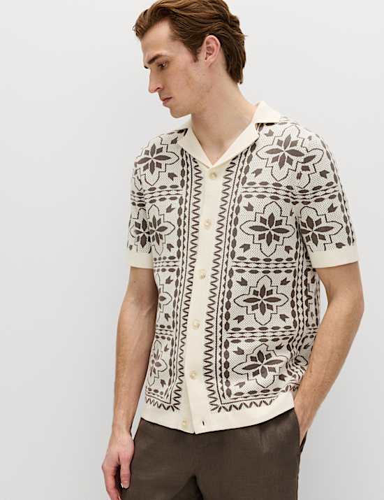 Pure Cotton Mosaic Button-Through Polo Shirt