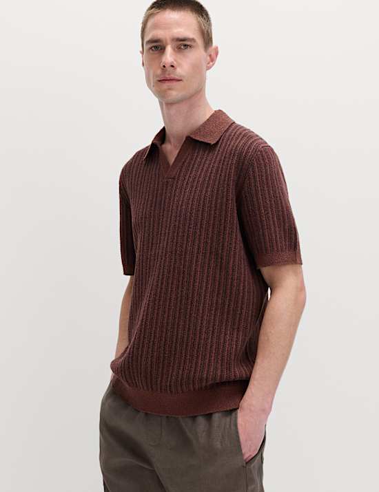 Boucle Striped Open Neck Knitted Polo Shirt
