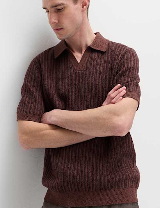 Boucle Striped Open Neck Knitted Polo Shirt