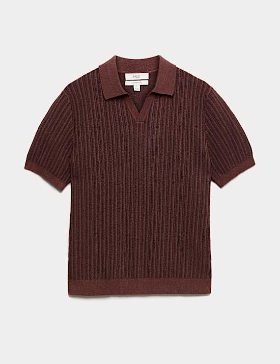 Boucle Striped Open Neck Knitted Polo Shirt