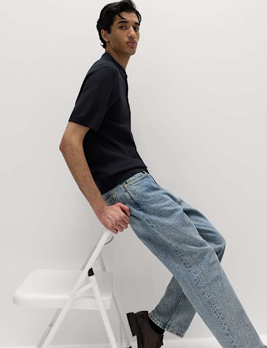 Polo en maille de coton &agrave; motif textur&eacute;