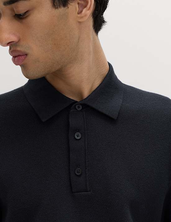 Polo en maille de coton &agrave; motif textur&eacute;