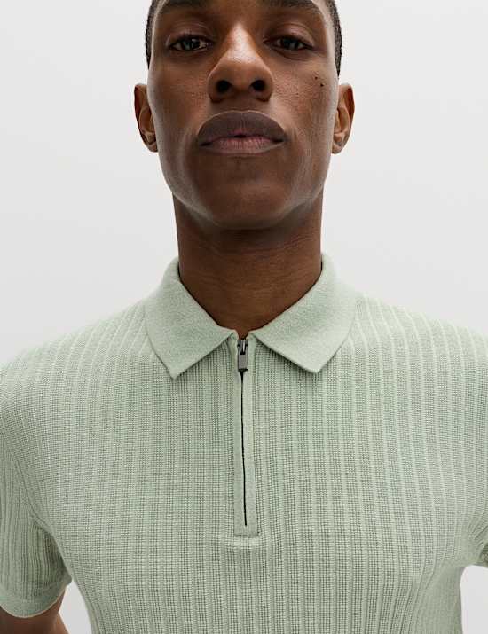Cotton Rich Ribbed Knitted Zip Up Polo Shirt
