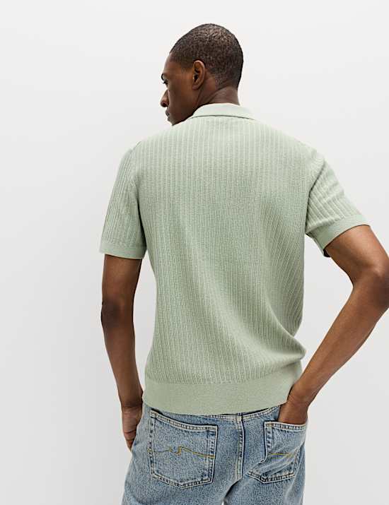 Cotton Rich Ribbed Knitted Zip Up Polo Shirt