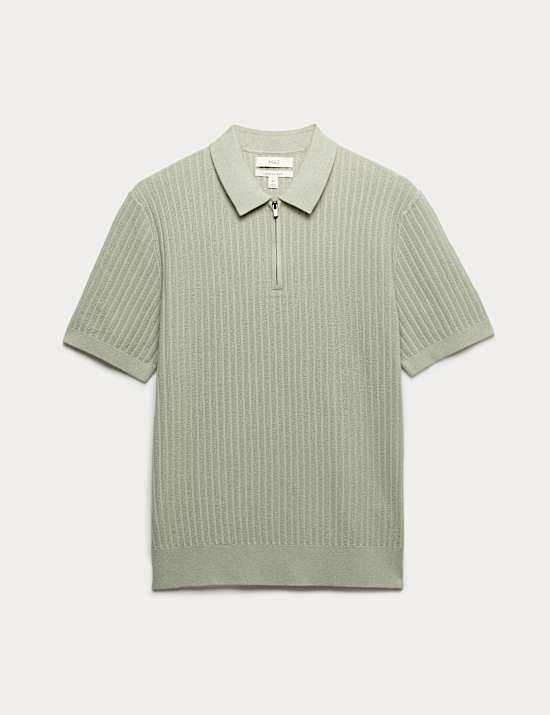 Cotton Rich Ribbed Knitted Zip Up Polo Shirt