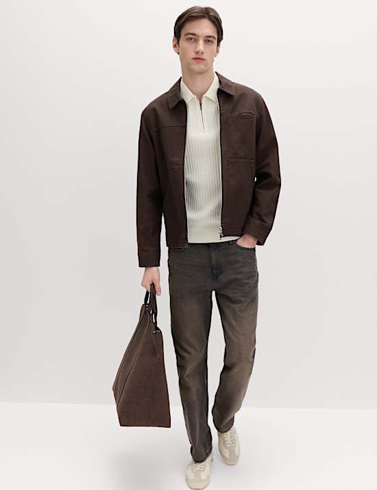 Cotton Rich Ribbed Knitted Zip Up Polo Shirt
