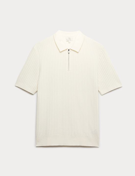 Cotton Rich Ribbed Knitted Zip Up Polo Shirt