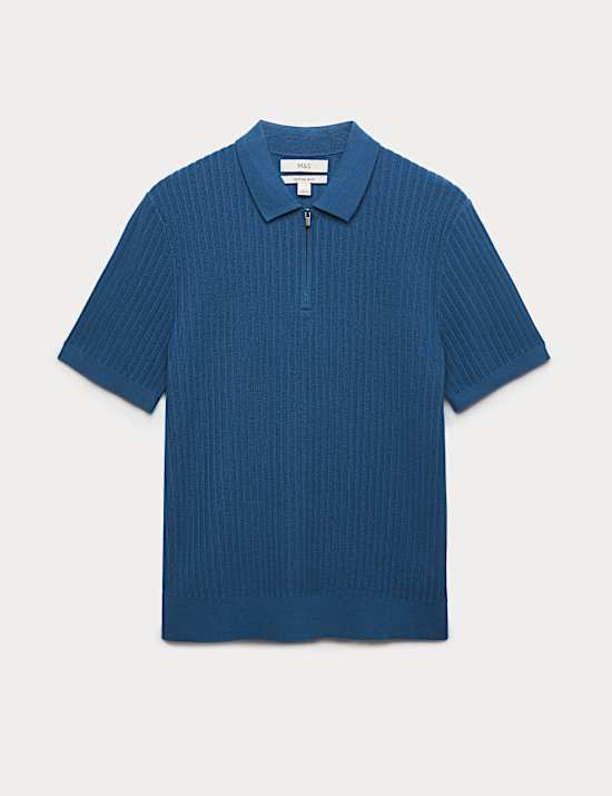 Polo en maille de coton c&ocirc;tel&eacute;e &agrave; encolure zipp&eacute;e