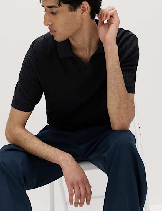 Cotton Rich Rib Texture Open Neck Polo Shirt