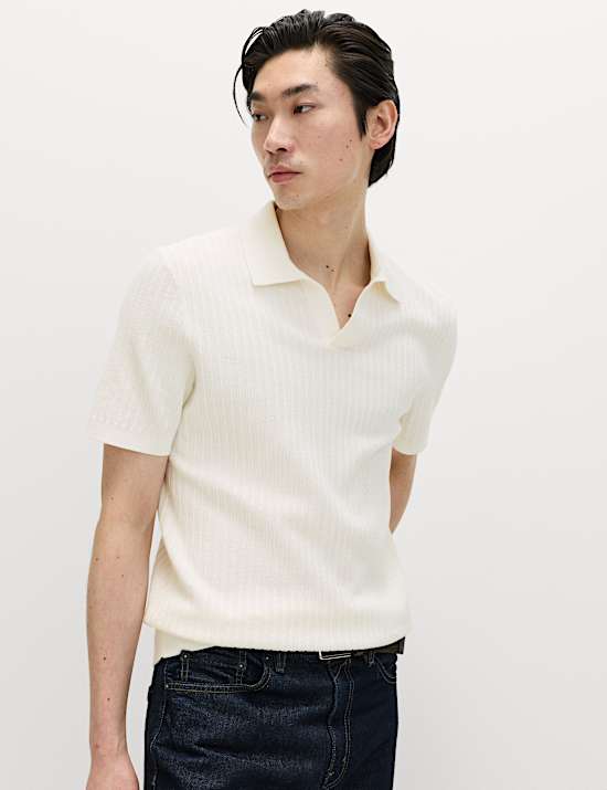 Cotton Rich Rib Texture Open Neck Polo Shirt