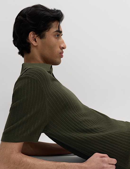 Cotton Rich Rib Texture Open Neck Polo Shirt