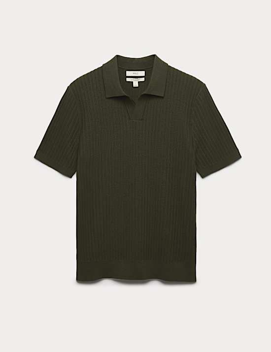 Cotton Rich Rib Texture Open Neck Polo Shirt