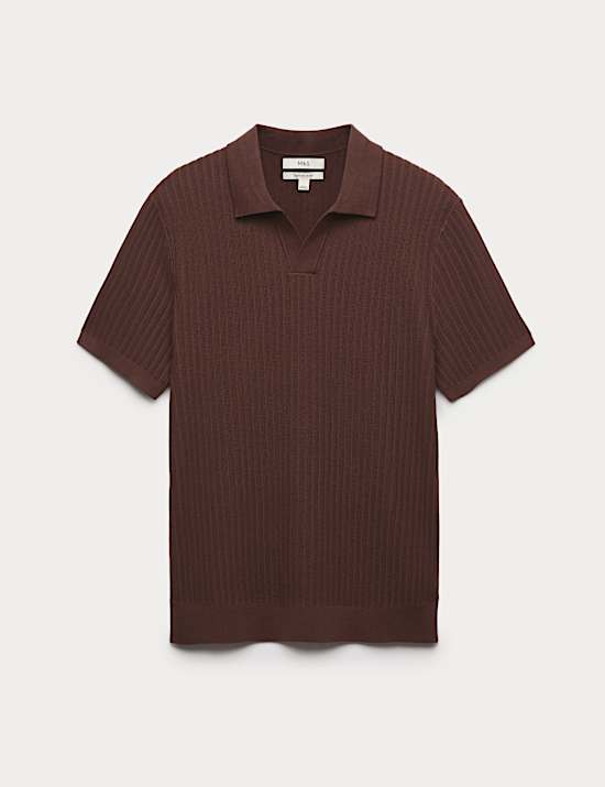Cotton Rich Rib Texture Open Neck Polo Shirt