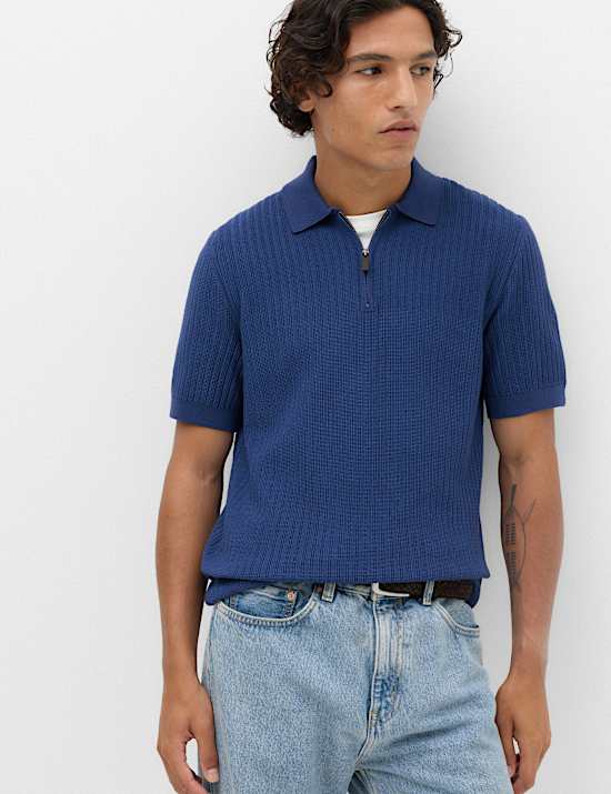 Cotton Blend Ribbed Zip Up Polo Shirt