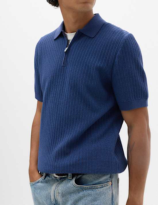 Cotton Blend Ribbed Zip Up Polo Shirt