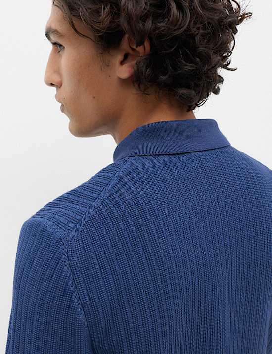 Cotton Blend Ribbed Zip Up Polo Shirt