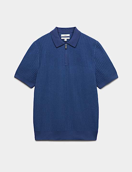 Cotton Blend Ribbed Zip Up Polo Shirt