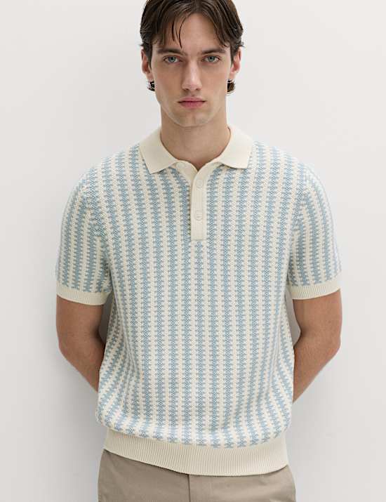 Pure Cotton Textured Striped Knitted Polo Shirt