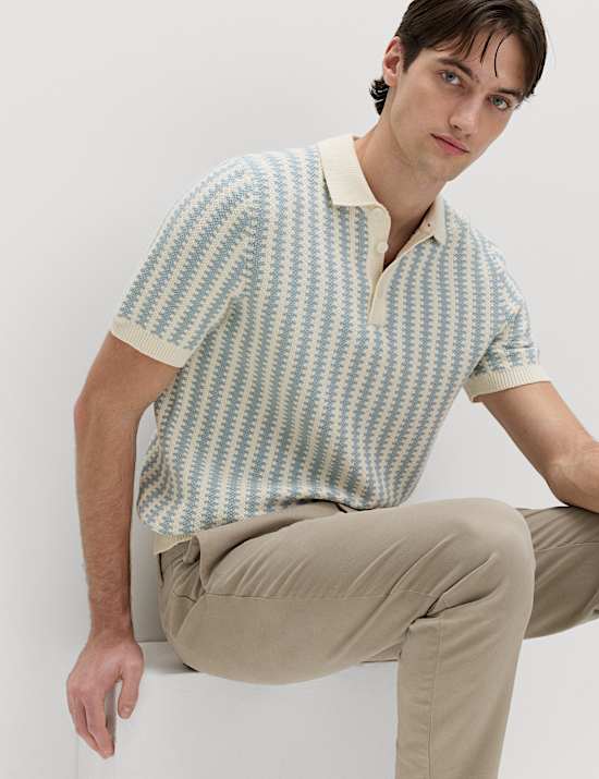 Pure Cotton Textured Striped Knitted Polo Shirt