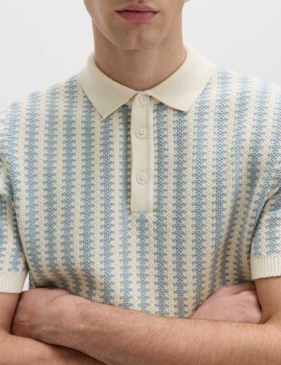 Pure Cotton Textured Striped Knitted Polo Shirt