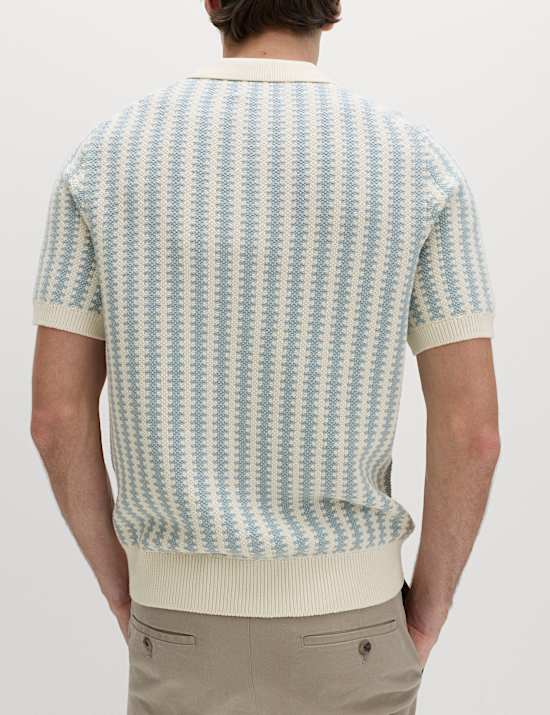Pure Cotton Textured Striped Knitted Polo Shirt