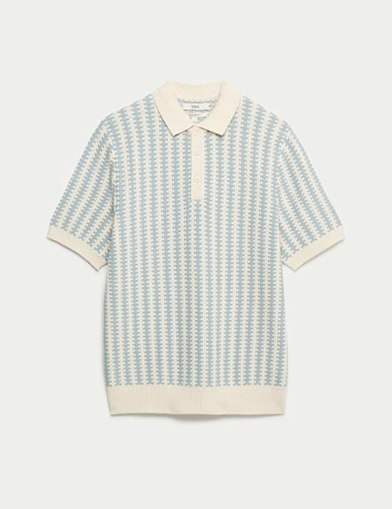 Pure Cotton Textured Striped Knitted Polo Shirt