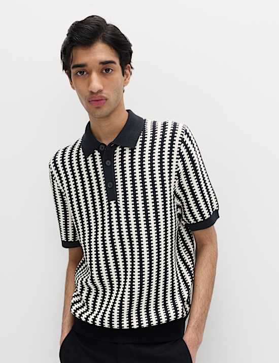 Pure Cotton Textured Striped Knitted Polo Shirt