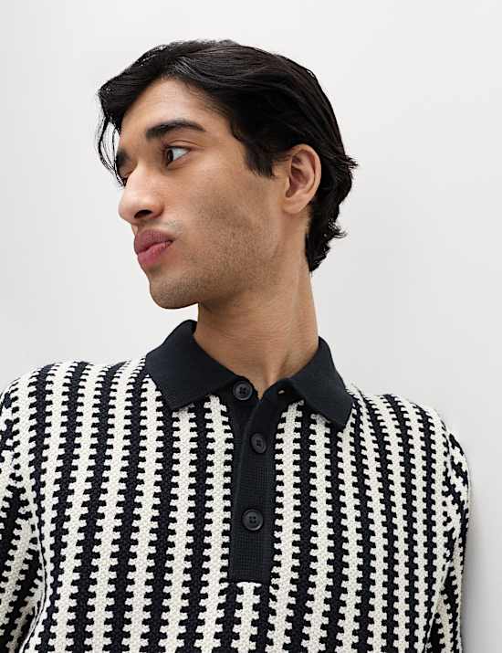 Pure Cotton Textured Striped Knitted Polo Shirt