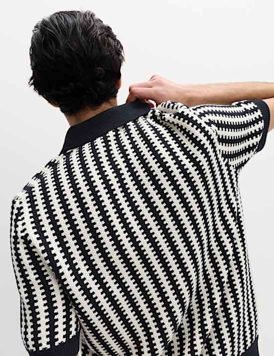 Pure Cotton Textured Striped Knitted Polo Shirt