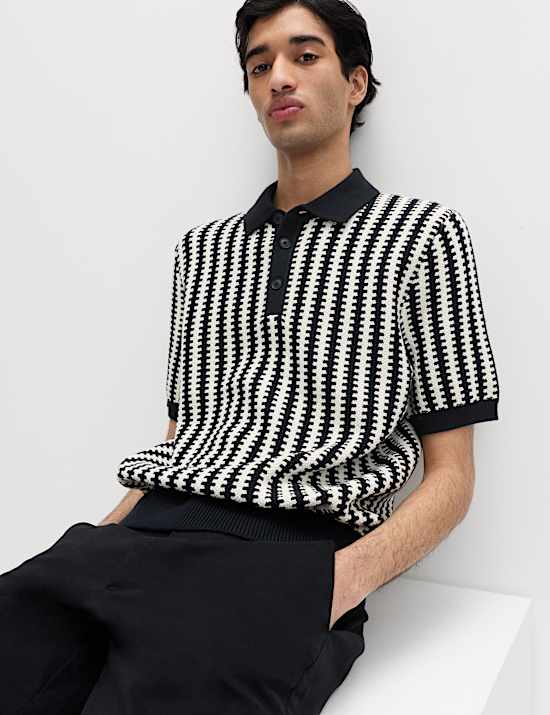 Pure Cotton Textured Striped Knitted Polo Shirt