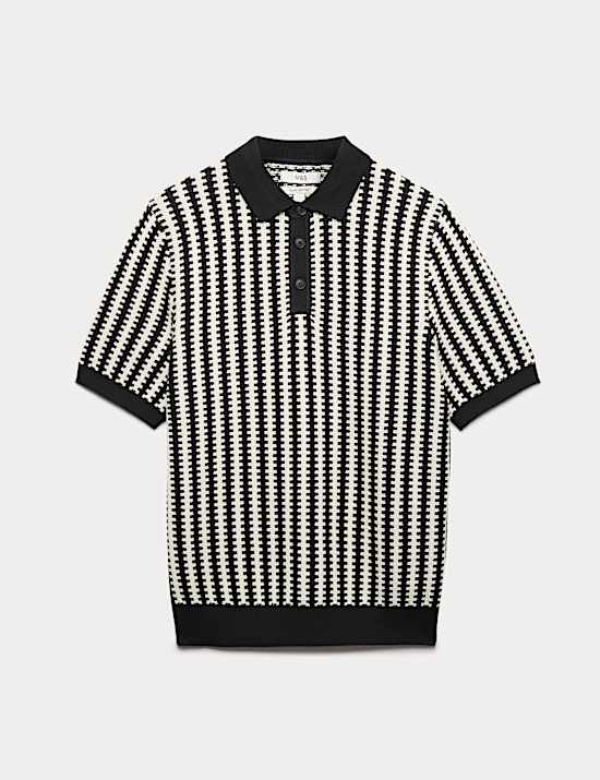 Pure Cotton Textured Striped Knitted Polo Shirt